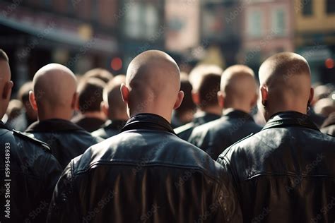 Back View Of Group Of Skinhead Neo Nazis In Leather Jackets Stock