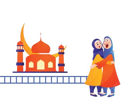 Depiction Of Muslim Women Cartoon Characters Embracing During Eid