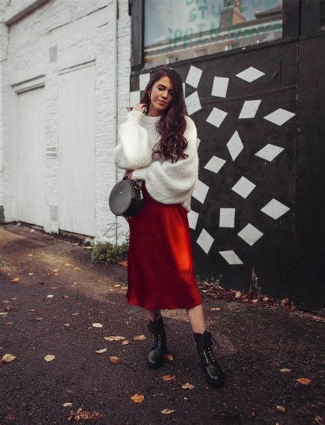 Red Silk Skirt Midi Long Fall Trend Looks Street Style Women Slip Silk