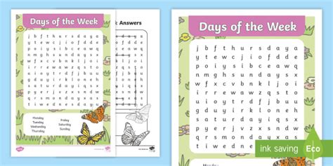 Days Of The Week Wordsearch Days Of The Week Word Search Easy