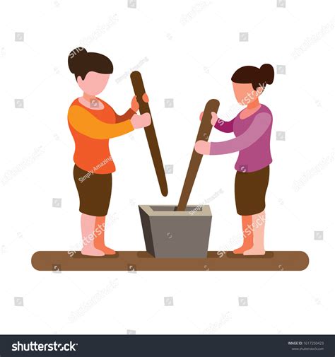 Two Woman Pounding Rice Grain Traditional Stock Vector Royalty Free