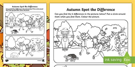 Autumn Spot The Difference Colouring Worksheet Twinkl