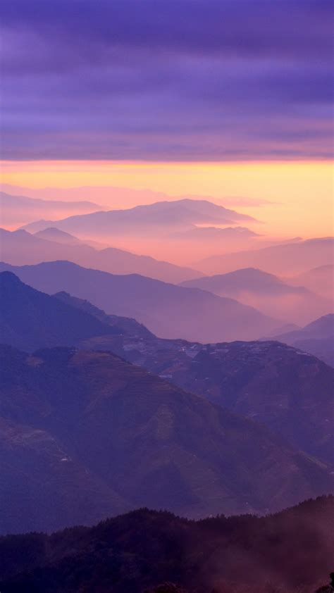 Mountain Range Wallpaper 4k Sunset Purple Sky Foggy Clouds