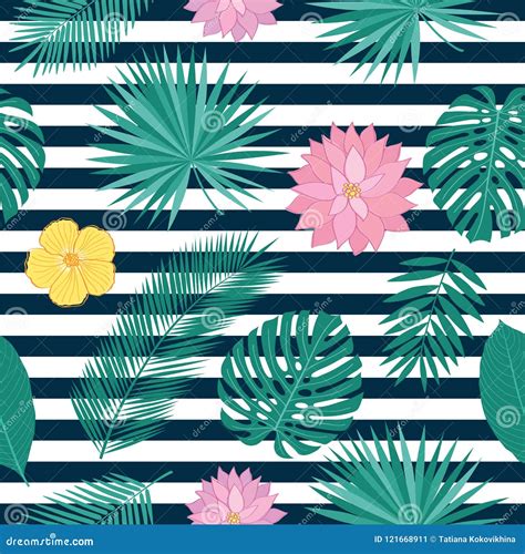 Seamless Pattern With Tropical Leaves And Summer Flowers Stock Vector