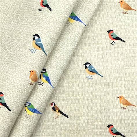 Sparrow Bird Print Fabric By The Yard Colorful Birds On Linen Etsy