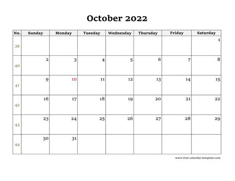 Simple October Calendar 2022 Large Box On Each Day For Notes Free