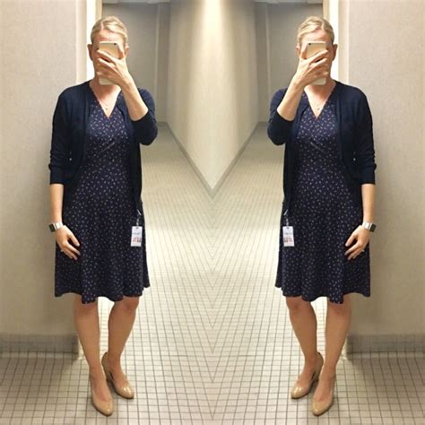 Outfit Post Navy Wrap Dress Navy Cardigan Nude Wedges Receptionist