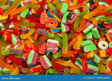 Assorted Gummy Candies Top View Jelly Sweets Background Stock Image