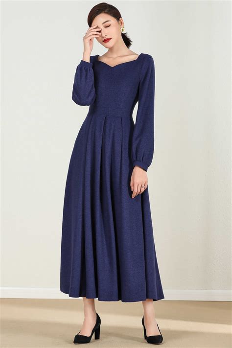 Long Wool Maxi Dress Long Sleeve Wool Dress Blue Wool Dress Etsy