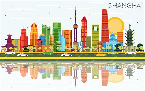 Premium Vector Shanghai China City Skyline With Color Buildings Blue