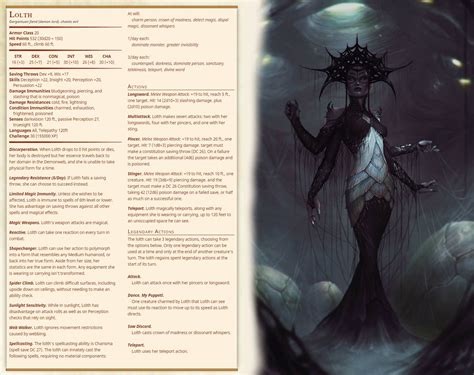 Lolth Stat Block 5e Dandd Dnd Dragons Dungeons And Dragons Homebrew