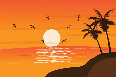 The View Of The Beach At Sunset With The Silhouette Of The Coconut Tree