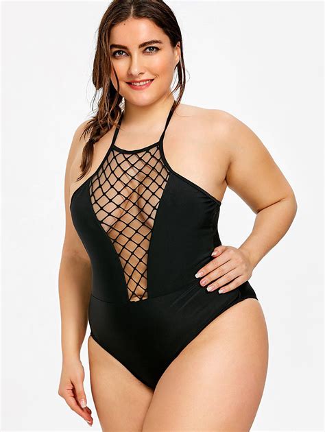 2018 Plus Size See Through One Piece Swimwear Black Xl In