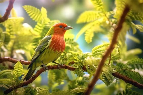 Un P Jaro Con La Cabeza Roja Y Las Alas Verdes Se Sienta En Una Rama