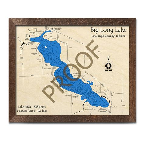 Big Long Lake Indiana 3d Wood Map Laser Etched Nautical Wall Art