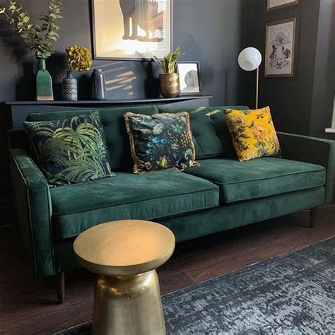 Emerald Velvet Couch And Slate Color Walls Moody Living Room