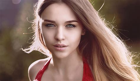 Wallpaper Women Outdoors Face Bokeh Portrait Blue Eyes Long Hair Red Tops Sunlight