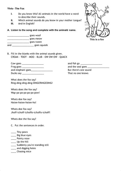 Song Worksheet What Does The Fox Say