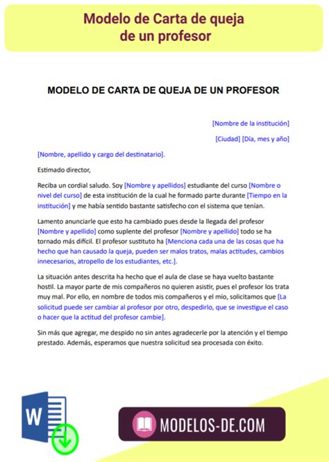 Modelo De Carta De Queja De Un Profesor En Word Gratis