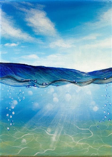 Blue Acrylic Painting On Canvas Of Half Sky And Half Under Water Scene