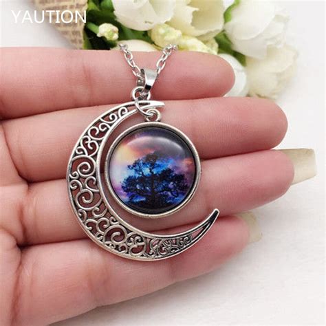 Hot Colorful Galaxy Glass Hollow Moon Shape Pendant Silver Tone Necklacependant Silvernecklace
