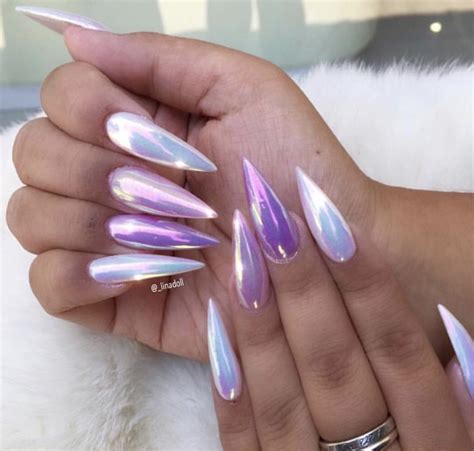 Pastel Lilac And Opal Holographic Chrome Stiletto Nails Gorgeous Nails