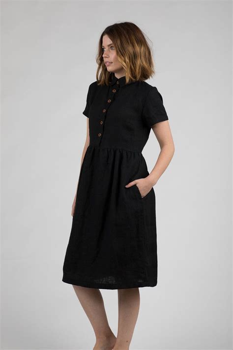 Model No 27 Black Linen Collared Button Up Short Sleeve Midi Dress — Pyne And Smith Clothiers