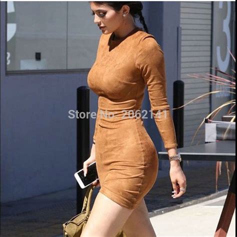 Kylie Jenner Sexy Solid Brown Sexy Club Mini Dresses Full Sleeve O Neck