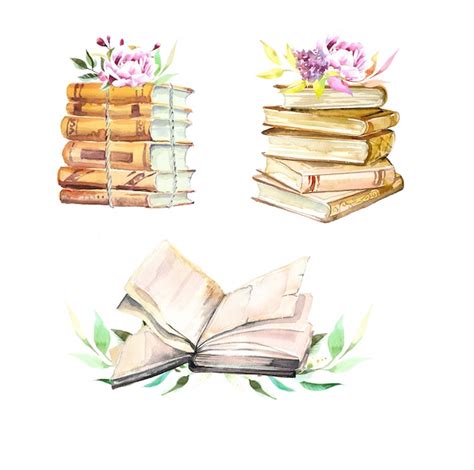 Premium Photo Watercolor Books Stack And Flowers Illustration