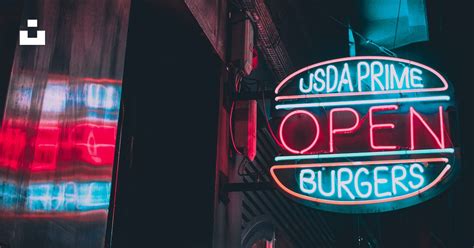 Turned On Blue And White Usda Prime Burgers Open Neon Sign Photo Free