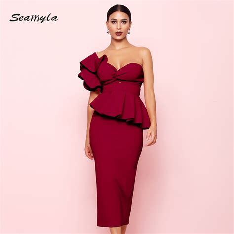 Seamyla New Summer Party Dress One Shoulder Ruffle Dresses 2018 Women Sexy Flounce Midi Elegant