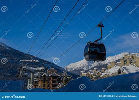 Ski Gondola Lift In Mountains Ski Attraction Mountains Winter Landscape View Ski Resort Stock