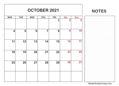 2021 Printable October Calendar With Notes Whatisthedatetodaycom