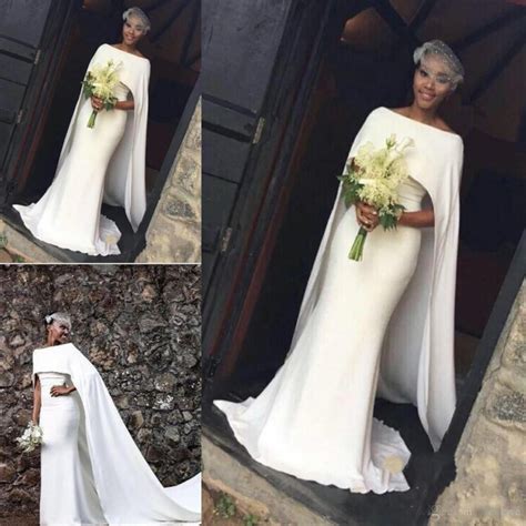 2020 African Mermaid Wedding Dresses Black Girl With Cape Zipper Back Sweep Train Arabic Bridal