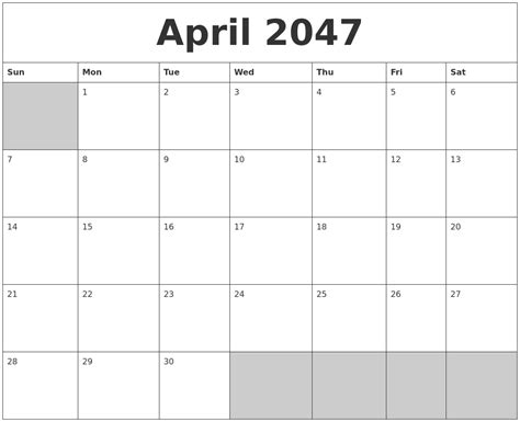 April 2047 Blank Printable Calendar