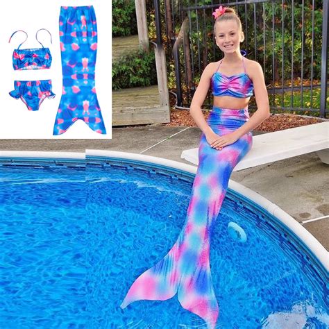 3pcs Girl Kids Mermaid Tail Swimmable Bikini Set Bathing Suit Fancy