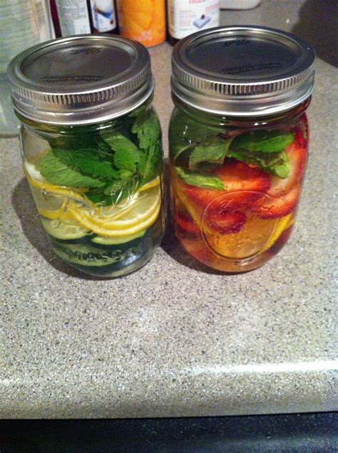 Detox water. The one on the left is cucumber, lemon, and mint; the right is strawberry, lemon 