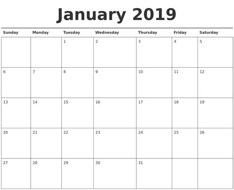 January 2019 Calendar Printable