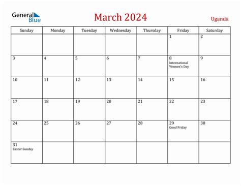 March 2024 Uganda Monthly Calendar With Holidays