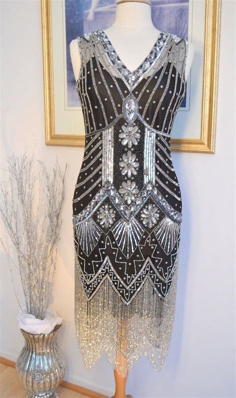 1920s Style Black Silver Beaded Starlight Flapper Dress Smlxl Or