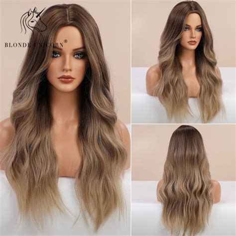 Blonde Unicorn Ombre Blonde Brown Long Wig Middle Part Hair Wig Cosplay Natural Wavy Heat