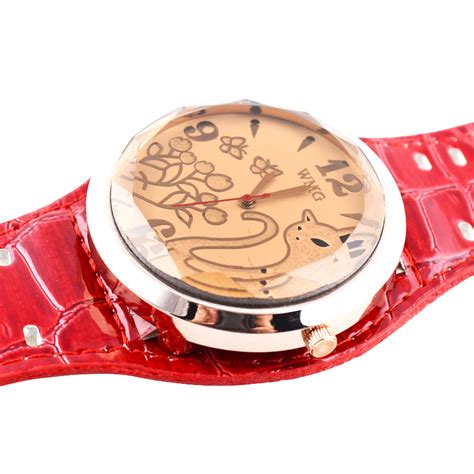 Free Shipping Fashion Big Round Dial Watch With Pu Leather Strap Red