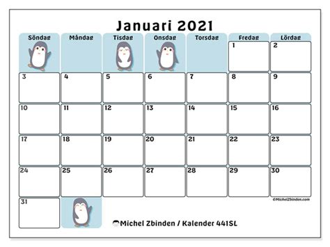 Jahreskalender für das jahr 2021 auch zum ausdrucken und einbinden in die eigene seite. Kalender "441SL" januari 2021 för att skriva ut - Michel ...