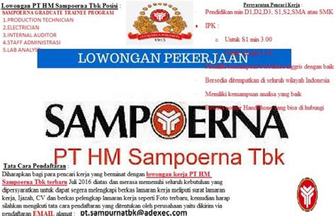 Pt hanjaya mandala sampoerna tbk (hm sampoerna) adalah perusahaan rokok terbesar di indonesia yang berkantor pusat di surabaya, jawa timur. Info Lowongan Sampoerna Jombang - Lowongan Kerja Kepala Administrasi & Sales Consultant ...