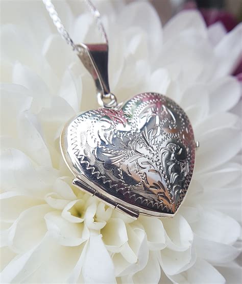 Large Sterling Silver Engraved Heart Locket Necklace