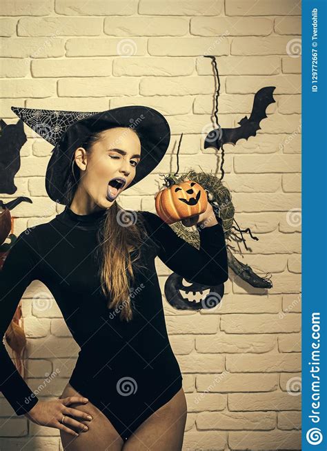 Halloween Woman Winking With Blue Lips And Pumpkin Stock Image Image