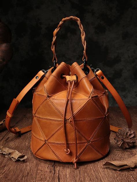 Genuine Leather Vegetable Suede Stitching Bucket Bag Retro Female
