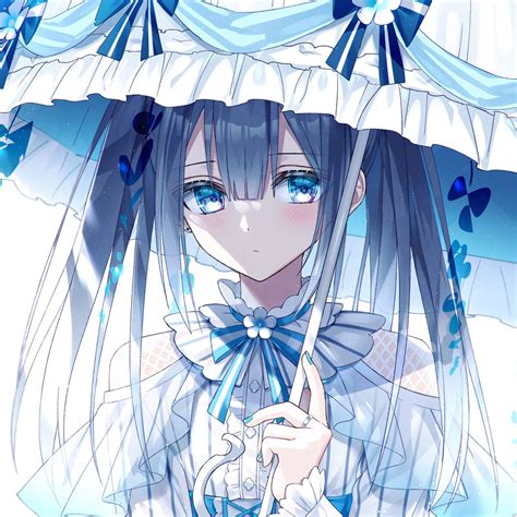 Download Wallpaper 1280x1280 Girl Umbrella Dress Anime Art Blue