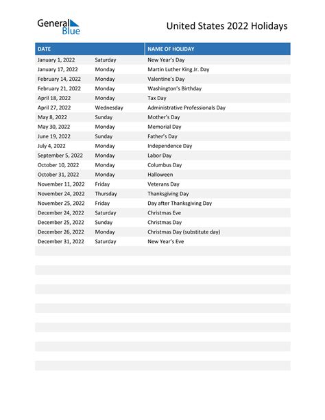 United States Holidays 2022 In Pdf Word And Excel