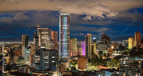 Bogota City Capital Of Colombia Skyline Night Photography Pano Stock